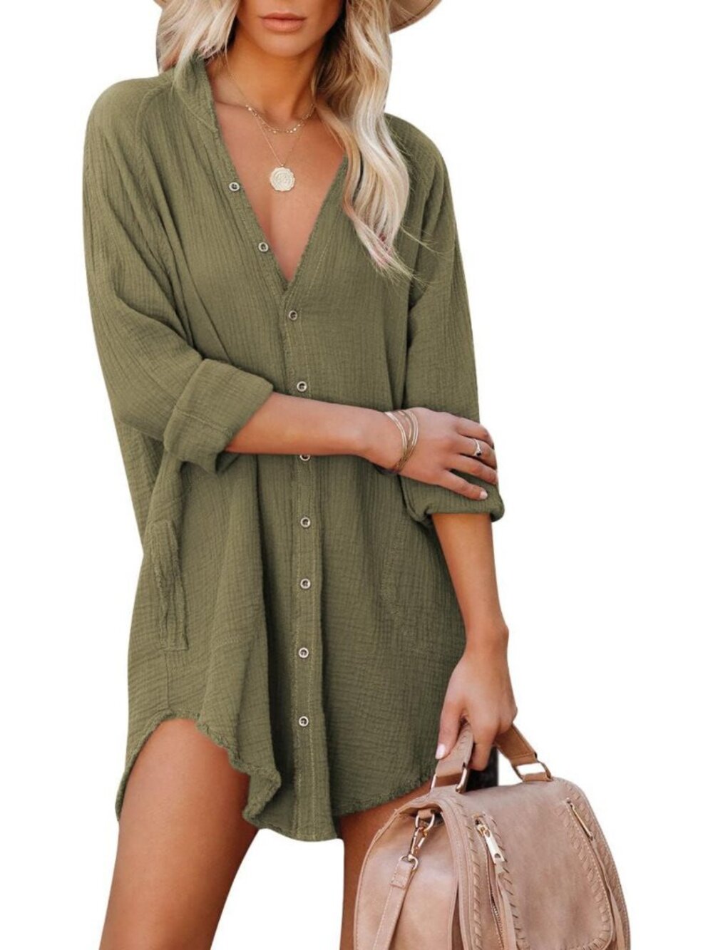 Chic Long Sleeve Button Down Tunic Dress - Oversized Beach Cover-Up with Pockets